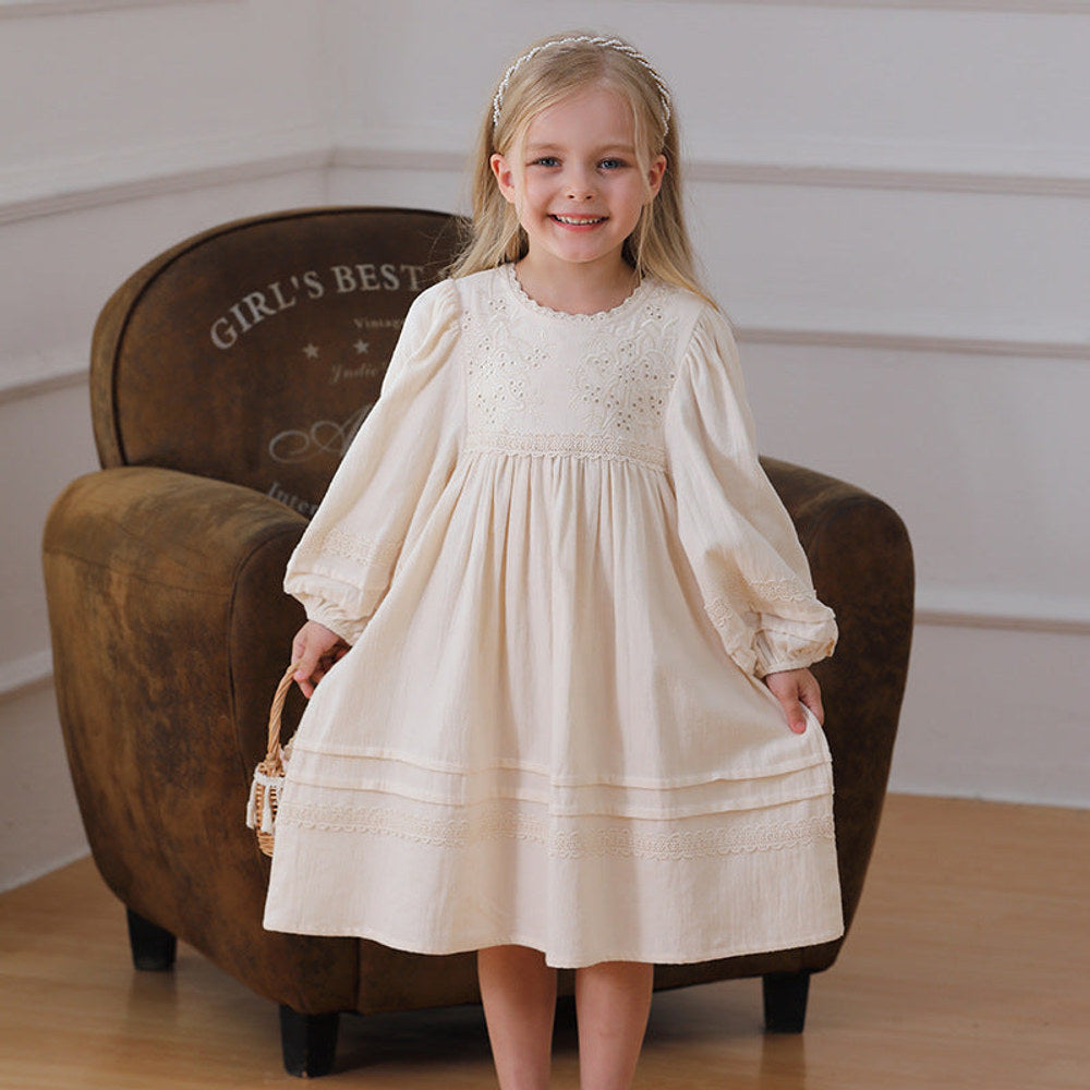MyKids-USA® Solid Color Floral Pattern Long-sleeved Dress for Stylish Girls