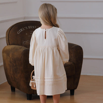 MyKids-USA® Solid Color Floral Pattern Long-sleeved Dress for Stylish Girls