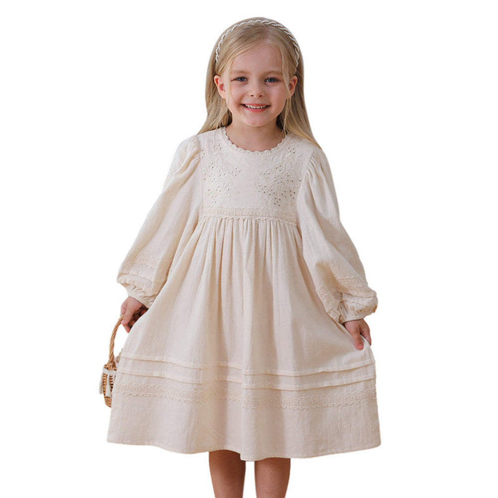 MyKids-USA® Solid Color Floral Pattern Long-sleeved Dress for Stylish Girls