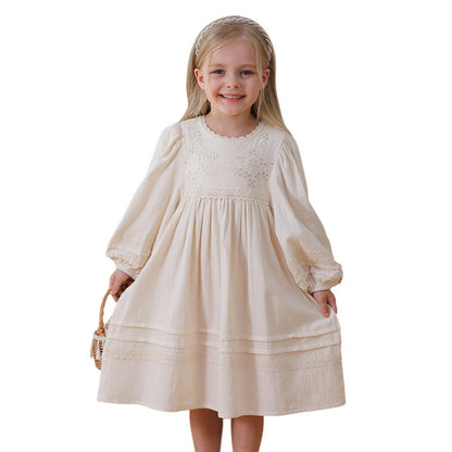 MyKids-USA® Solid Color Floral Pattern Long-sleeved Dress for Stylish Girls