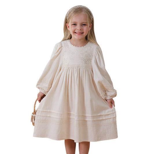 MyKids-USA® Solid Color Floral Pattern Long-sleeved Dress for Stylish Girls