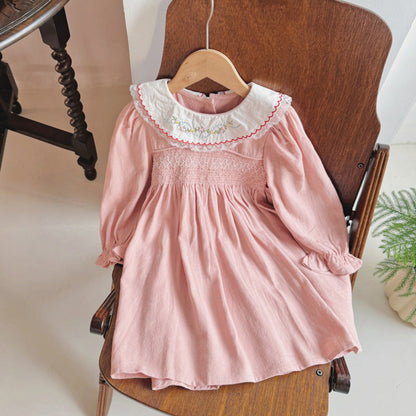 MyKids-USA® Pink Long-sleeved Dress with Floral Pattern Collar for Stylish Girls