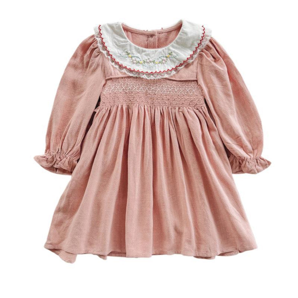 MyKids-USA® Pink Long-sleeved Dress with Floral Pattern Collar for Stylish Girls
