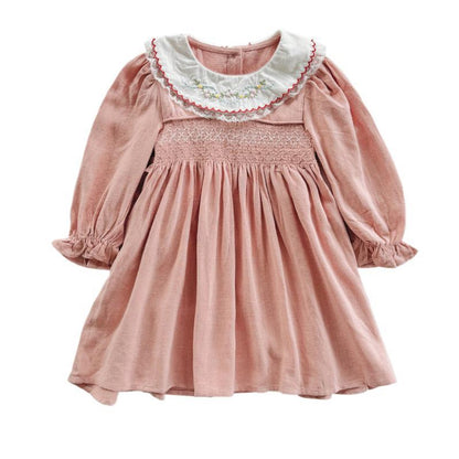 MyKids-USA® Pink Long-sleeved Dress with Floral Pattern Collar for Stylish Girls