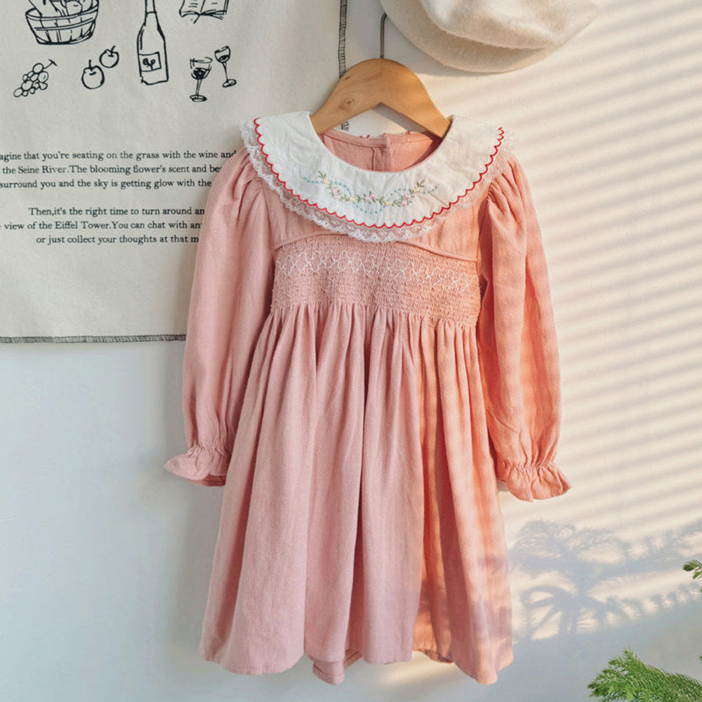MyKids-USA® Pink Long-sleeved Dress with Floral Pattern Collar for Stylish Girls