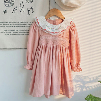 MyKids-USA® Pink Long-sleeved Dress with Floral Pattern Collar for Stylish Girls