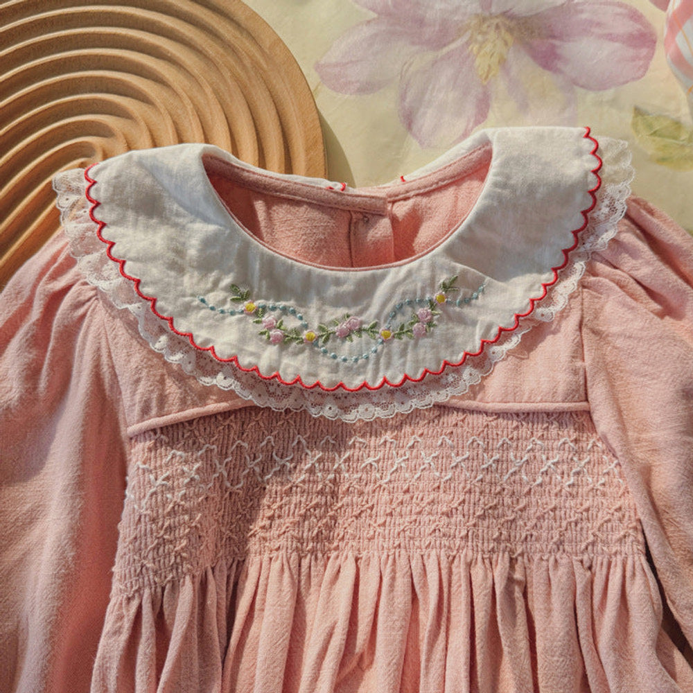 MyKids-USA® Pink Long-sleeved Dress with Floral Pattern Collar for Stylish Girls