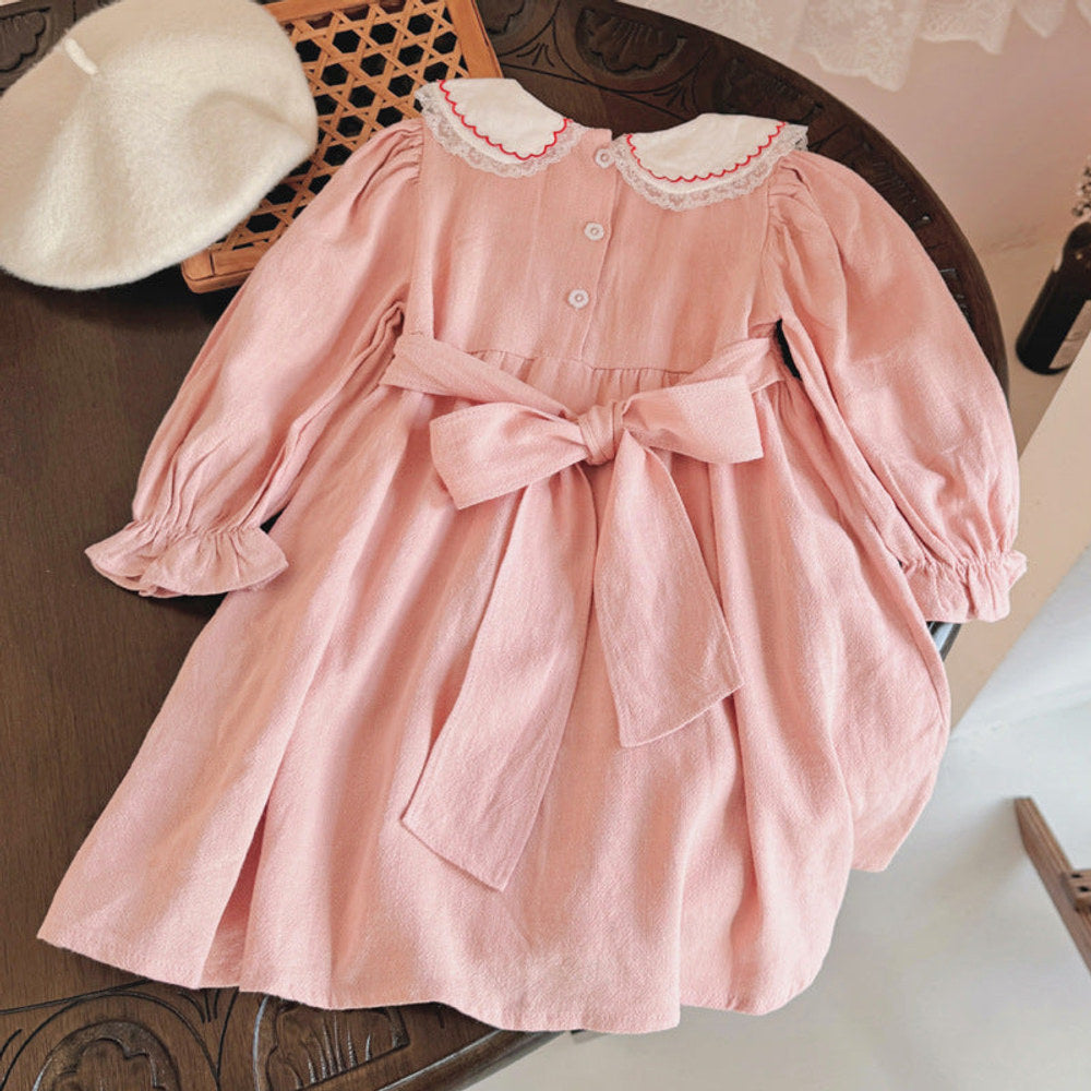 MyKids-USA® Pink Long-sleeved Dress with Floral Pattern Collar for Stylish Girls