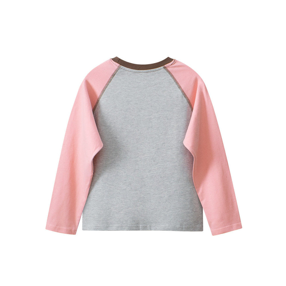 MyKids-USA® Kids Girls Cartoon Print Crew Neck Long Sleeves Color Patchwork Top