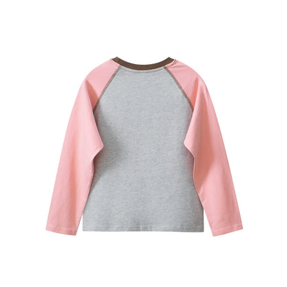 MyKids-USA® Kids Girls Cartoon Print Crew Neck Long Sleeves Color Patchwork Top