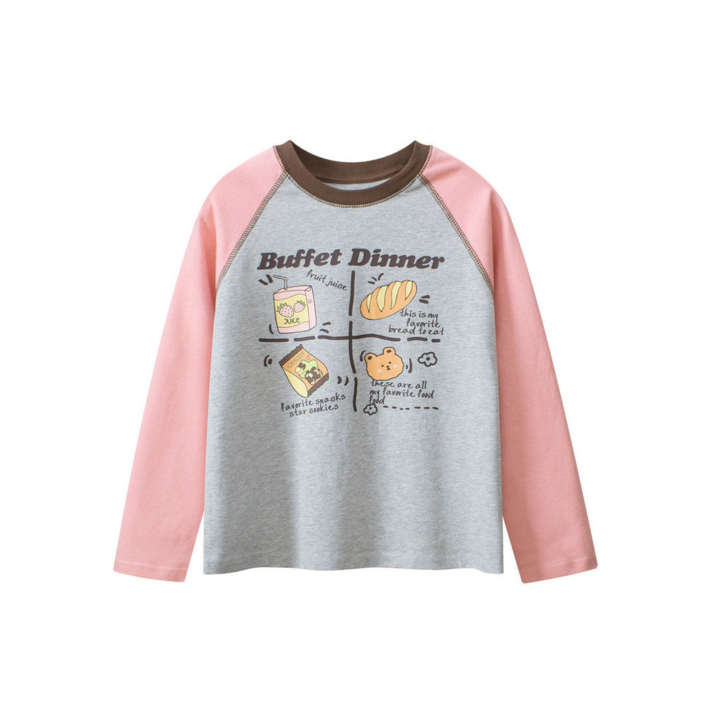 MyKids-USA® Kids Girls Cartoon Print Crew Neck Long Sleeves Color Patchwork Top