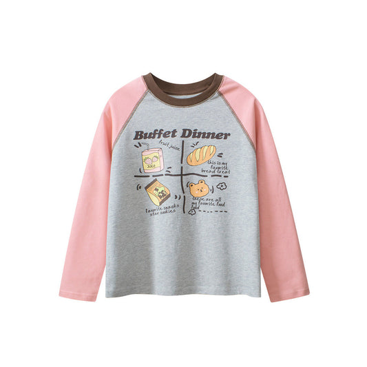 MyKids-USA® Kids Girls Cartoon Print Crew Neck Long Sleeves Color Patchwork Top