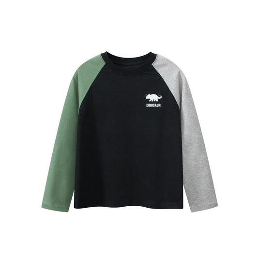 MyKids-USA® Kids Dinosaur Logo Crew Neck Long Sleeves Color Patchwork Top