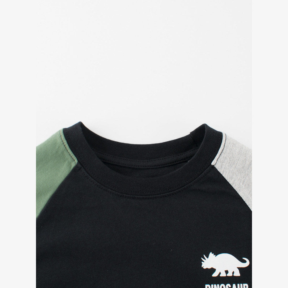 MyKids-USA® Kids Dinosaur Logo Crew Neck Long Sleeves Color Patchwork Top