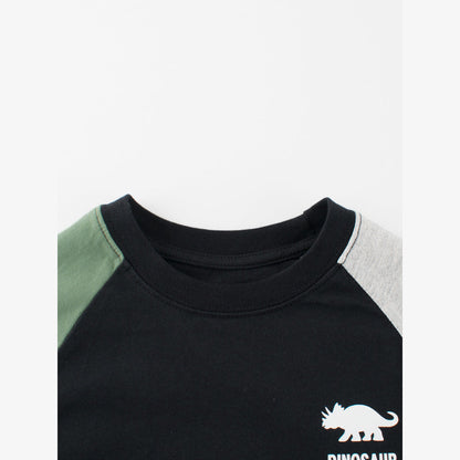 MyKids-USA® Kids Dinosaur Logo Crew Neck Long Sleeves Color Patchwork Top