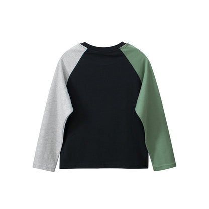 MyKids-USA® Kids Dinosaur Logo Crew Neck Long Sleeves Color Patchwork Top