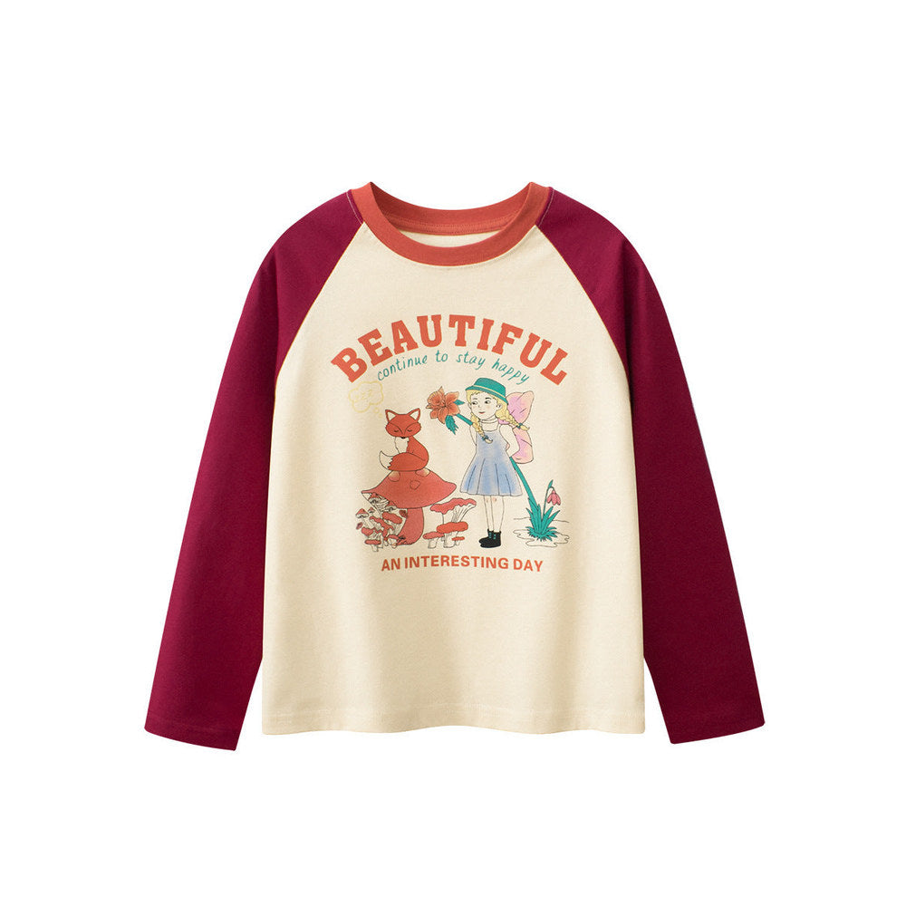 MyKids-USA® Kids Girls Cartoon Print Crew Neck Long Sleeves Color Patchwork Top