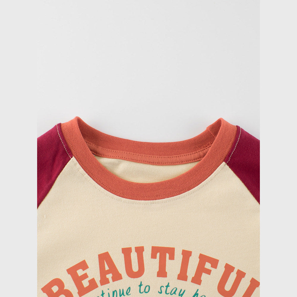MyKids-USA® Kids Girls Cartoon Print Crew Neck Long Sleeves Color Patchwork Top