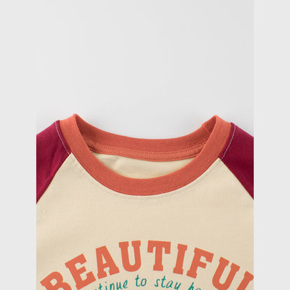 MyKids-USA® Kids Girls Cartoon Print Crew Neck Long Sleeves Color Patchwork Top