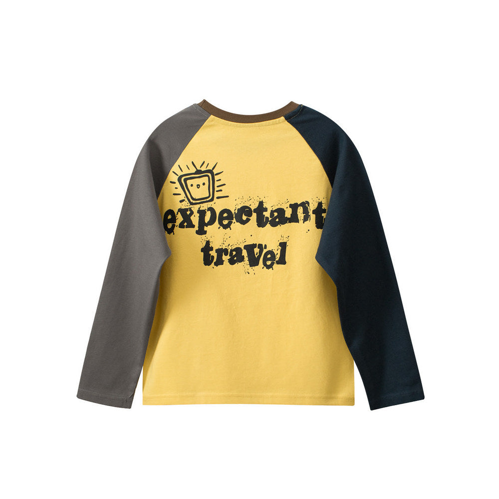 MyKids-USA® Kids Cartoon and Letters Printed Crew Neck Long Sleeves Color Patchwork Top