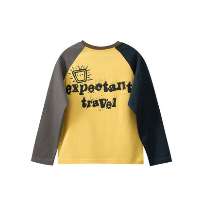 MyKids-USA® Kids Cartoon and Letters Printed Crew Neck Long Sleeves Color Patchwork Top