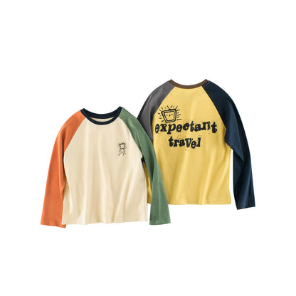 MyKids-USA® Kids Cartoon and Letters Printed Crew Neck Long Sleeves Color Patchwork Top