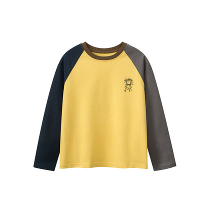MyKids-USA® Kids Cartoon and Letters Printed Crew Neck Long Sleeves Color Patchwork Top