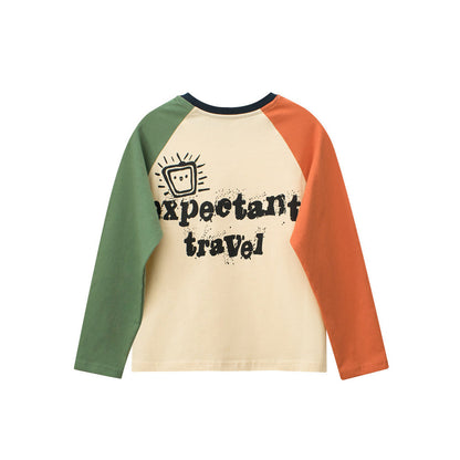 MyKids-USA® Kids Cartoon and Letters Printed Crew Neck Long Sleeves Color Patchwork Top