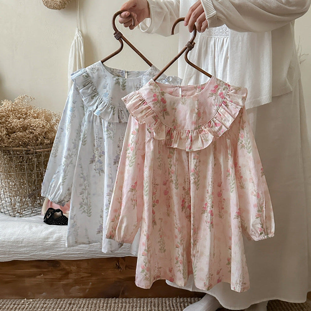 MyKids-USA® Flowers Print Crew Neck Long-sleeved Dress for Stylish Girls