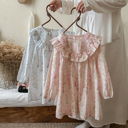 MyKids-USA® Flowers Print Crew Neck Long-sleeved Dress for Stylish Girls