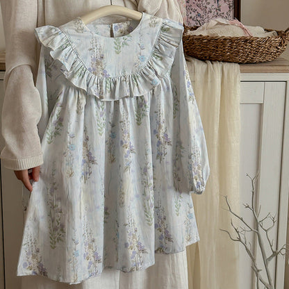 MyKids-USA® Flowers Print Crew Neck Long-sleeved Dress for Stylish Girls
