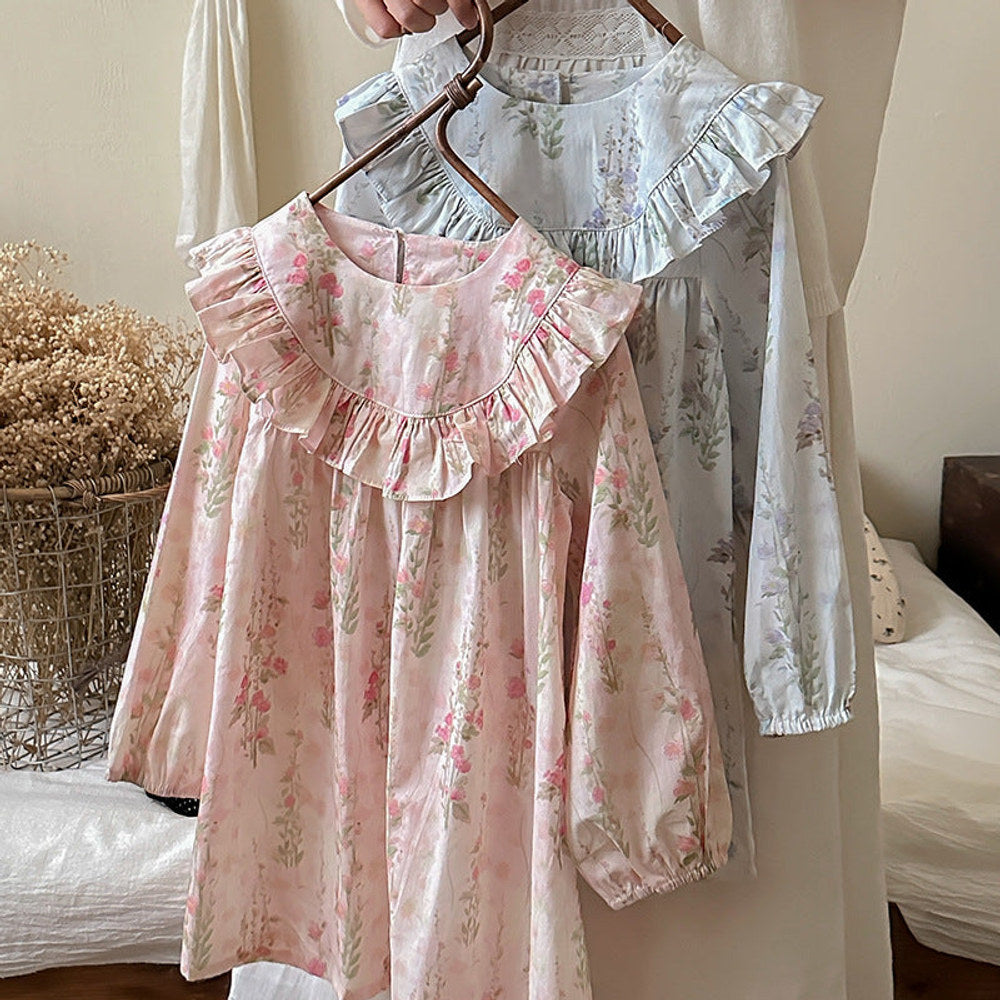 MyKids-USA® Flowers Print Crew Neck Long-sleeved Dress for Stylish Girls