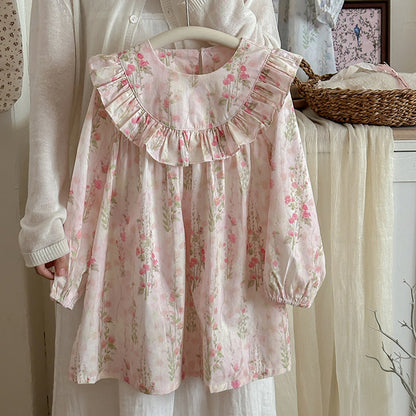 MyKids-USA® Flowers Print Crew Neck Long-sleeved Dress for Stylish Girls