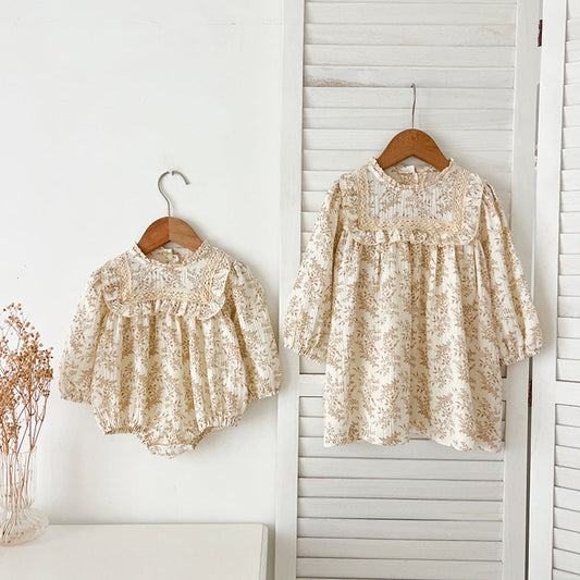MyKids-USA® Baby Girls French-style Floral Long-sleeved bodysuit and Dress – Princess Sister Matching Set