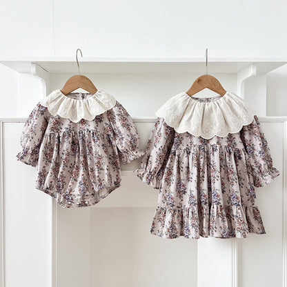 MyKids-USA® Baby Girls French-style Floral Printed Long-sleeved bodysuit or Dress – Princess Sister Matching