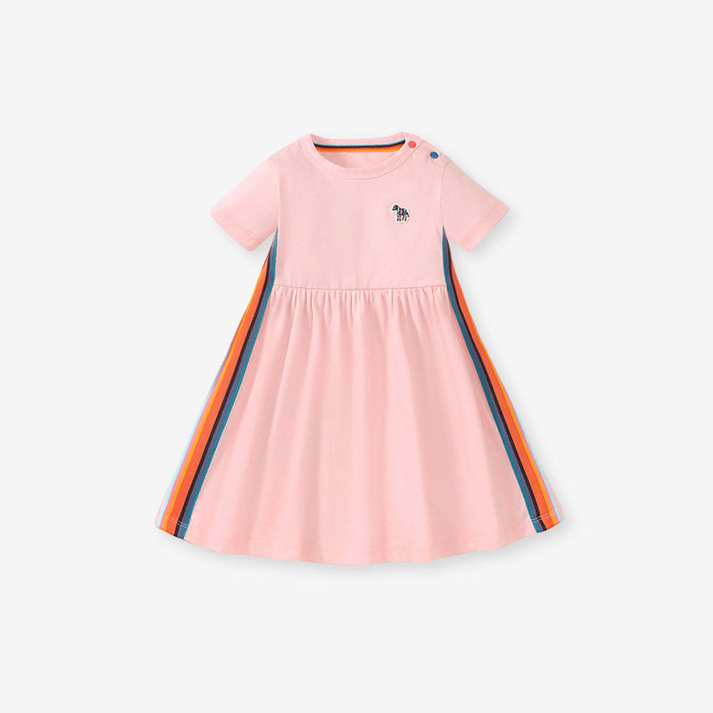 MyKids-USA® Puppy Logo Short-sleeved Striped Dress with Crew Neck for Stylish Girls