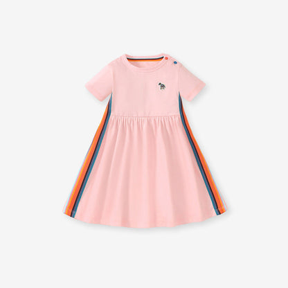 MyKids-USA® Puppy Logo Short-sleeved Striped Dress with Crew Neck for Stylish Girls