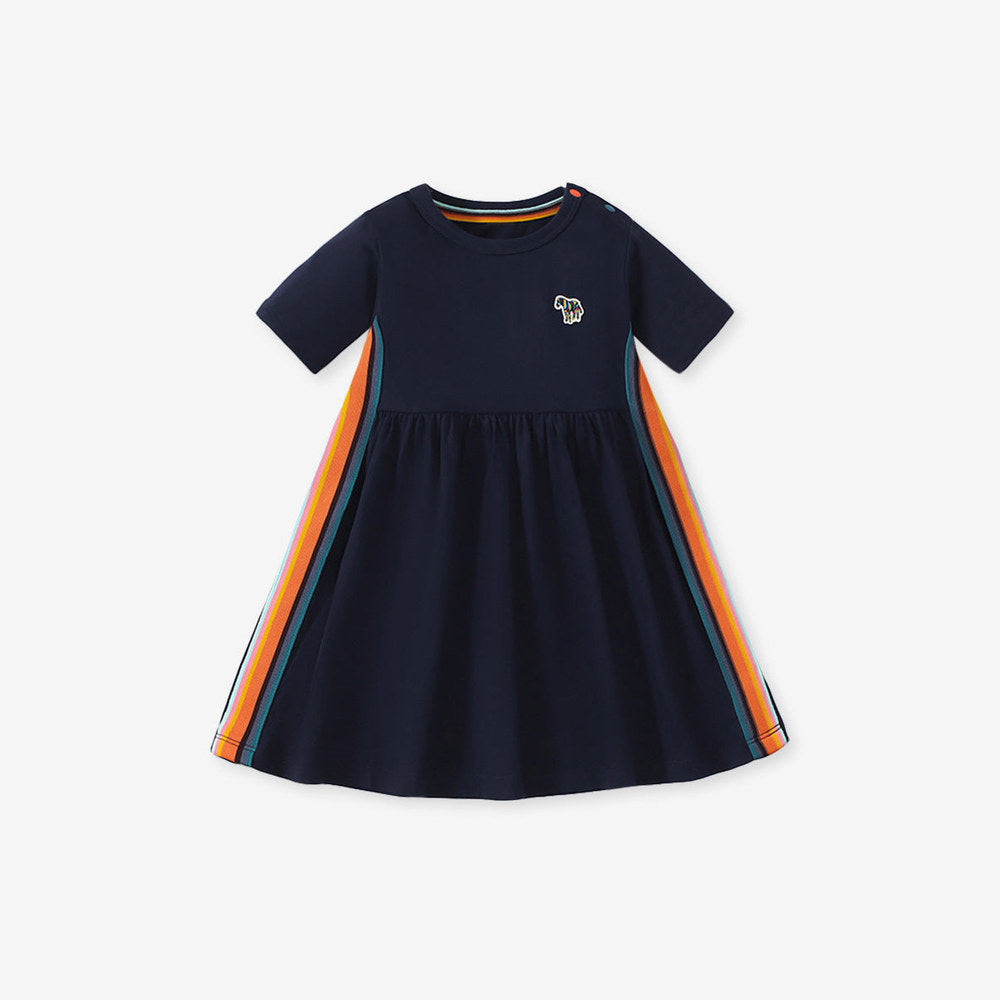MyKids-USA® Puppy Logo Short-sleeved Striped Dress with Crew Neck for Stylish Girls