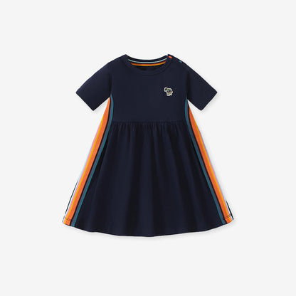 MyKids-USA® Puppy Logo Short-sleeved Striped Dress with Crew Neck for Stylish Girls