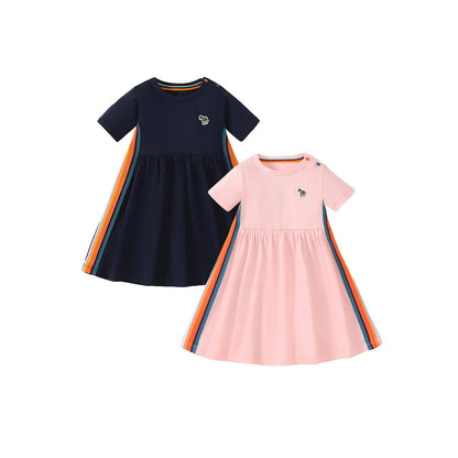 MyKids-USA® Puppy Logo Short-sleeved Striped Dress with Crew Neck for Stylish Girls