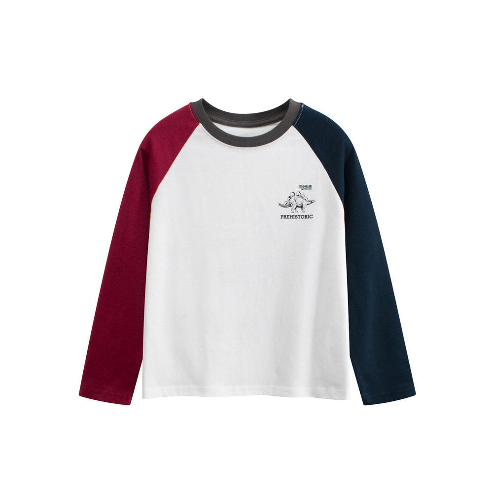 MyKids-USA® Kids Dinosaur Logo Crew Neck Long Sleeves Color Patchwork Top