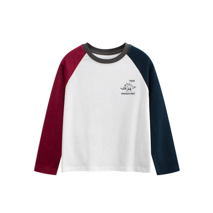 MyKids-USA® Kids Dinosaur Logo Crew Neck Long Sleeves Color Patchwork Top