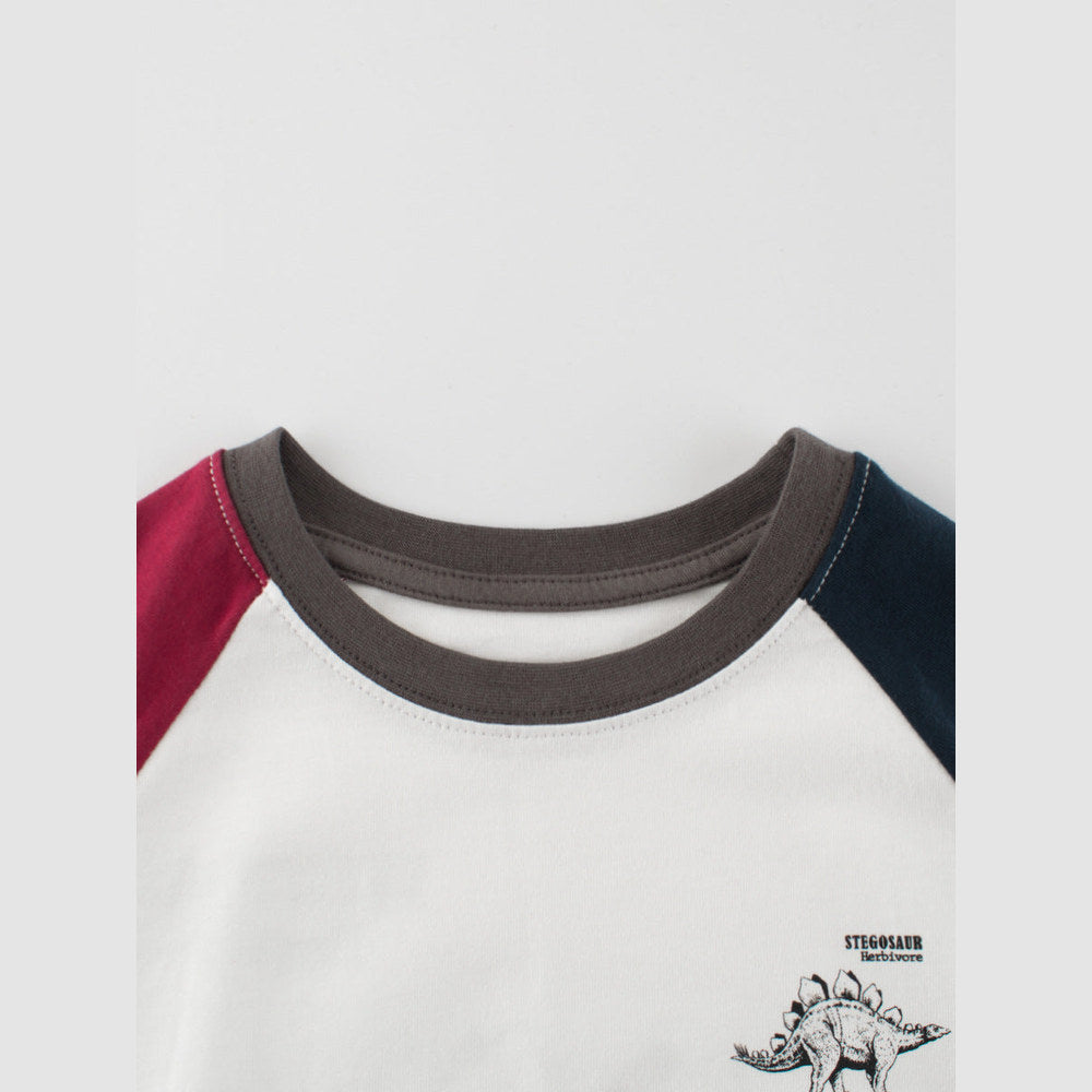 MyKids-USA® Kids Dinosaur Logo Crew Neck Long Sleeves Color Patchwork Top