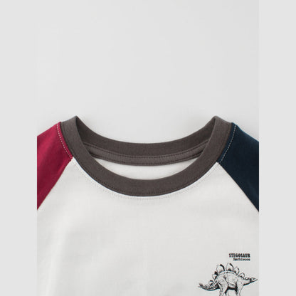 MyKids-USA® Kids Dinosaur Logo Crew Neck Long Sleeves Color Patchwork Top
