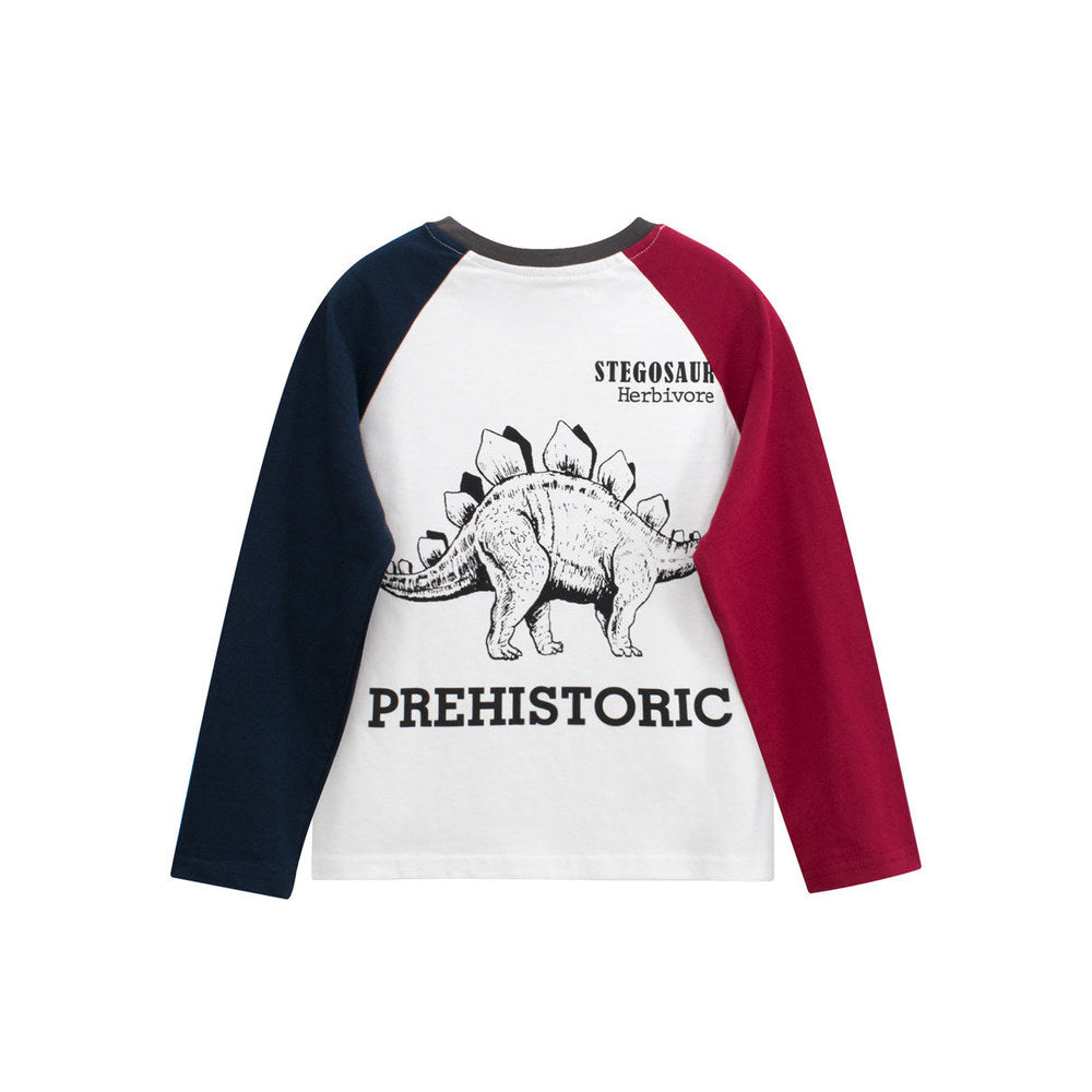 MyKids-USA® Kids Dinosaur Logo Crew Neck Long Sleeves Color Patchwork Top