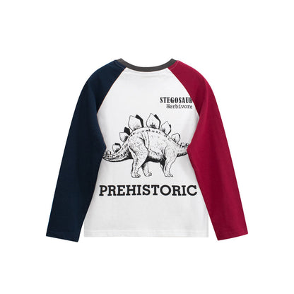 MyKids-USA® Kids Dinosaur Logo Crew Neck Long Sleeves Color Patchwork Top