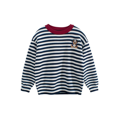 MyKids-USA® Baby Kids Puppy Logo and Striped Pattern Crew Neck Long Sleeves Knitted Top