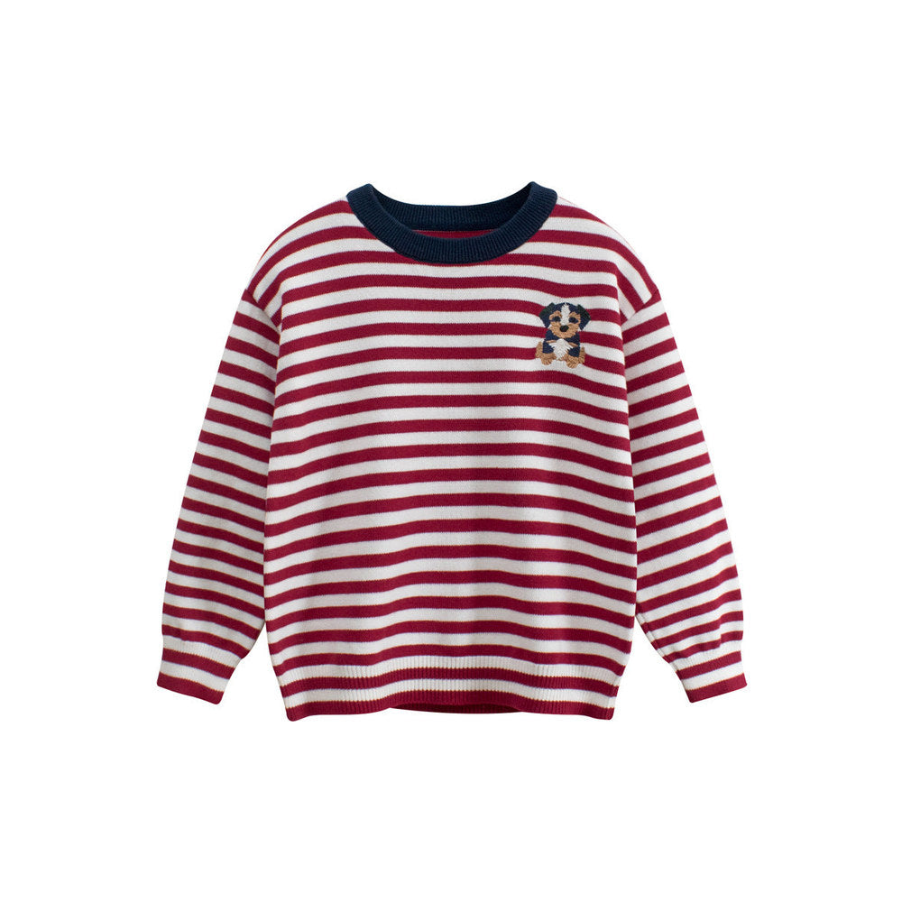 MyKids-USA® Baby Kids Puppy Logo and Striped Pattern Crew Neck Long Sleeves Knitted Top