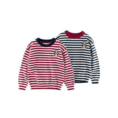 MyKids-USA® Baby Kids Puppy Logo and Striped Pattern Crew Neck Long Sleeves Knitted Top