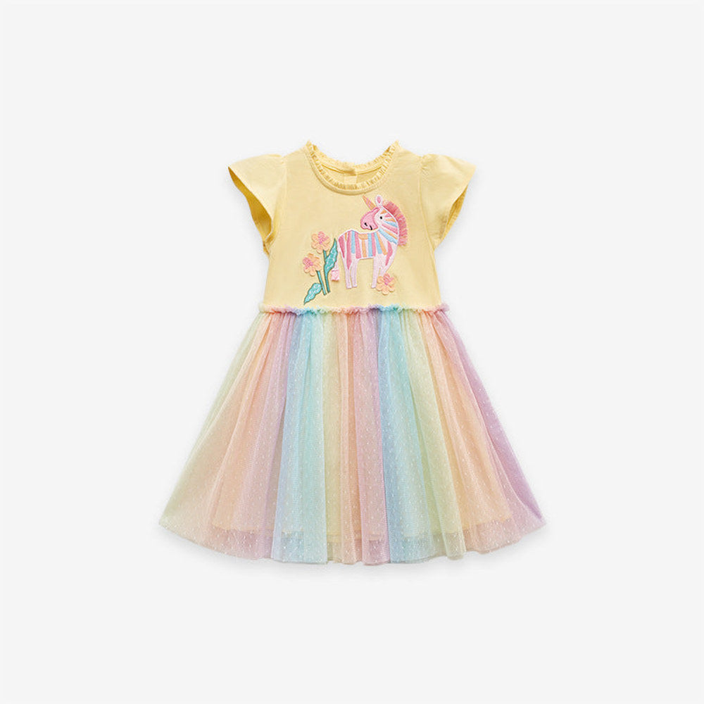 MyKids-USA® Girls Unicorn Pattern Crew Neck Short Sleeves Tulle Patchwork Princess Dress